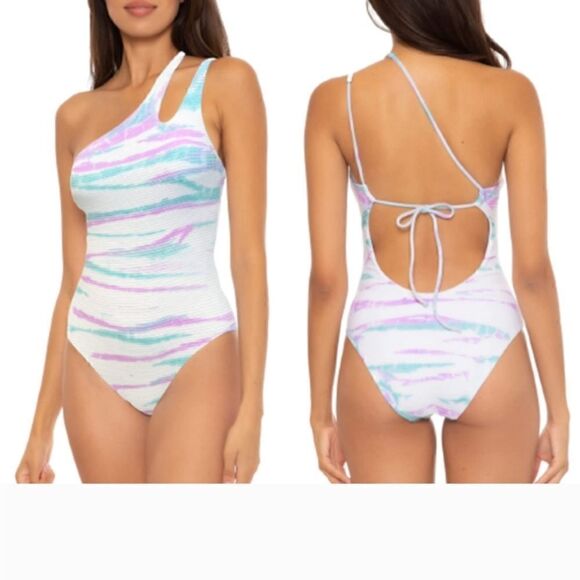 Becca green purple & white tie dye 1 shoulder 1 piece swimsuit size  NWT - Picture 1 of 4